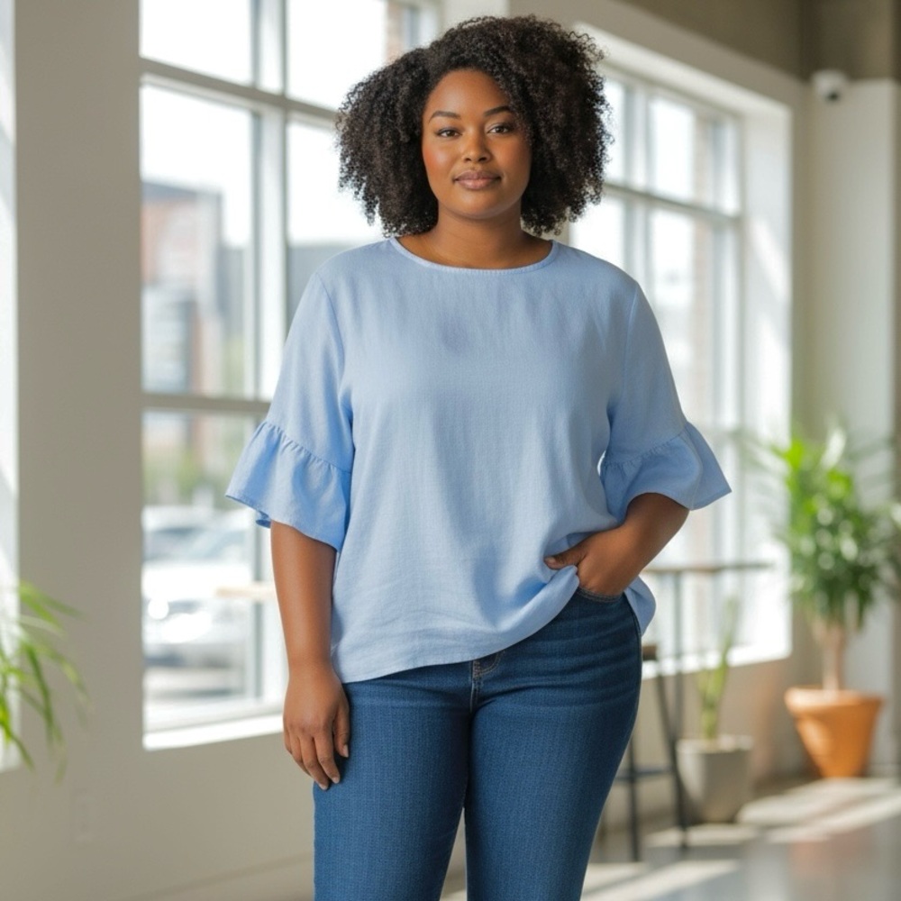 For Cynthia 100% Linen Elegant Sky Blue Women's Top w/ Ruffle sleeves